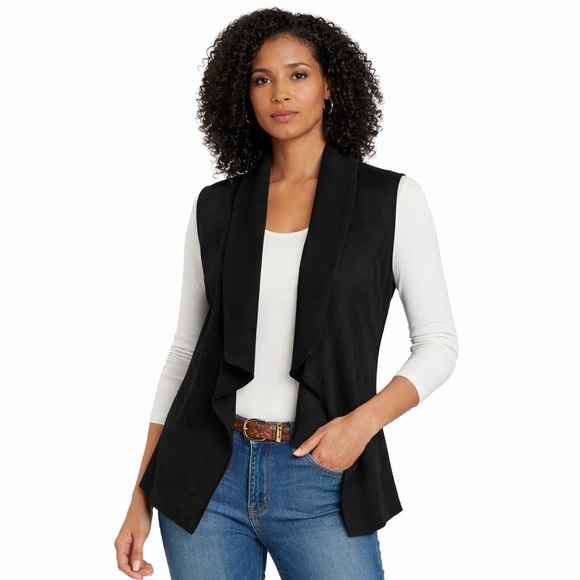 Christopher & Banks Jackets & Blazers - Christopher & Banks Black Faux Suede Knit Trim Open Front Vest Size S